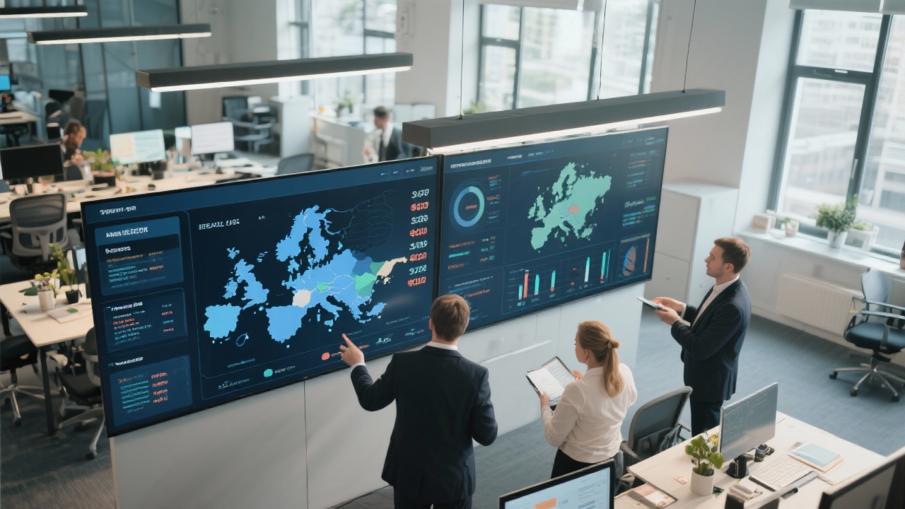 High angle view of analysts comparing cross-border pricing datasets on large interactive screens in a modern European office environment with collaborative workstations and ambient daylight.