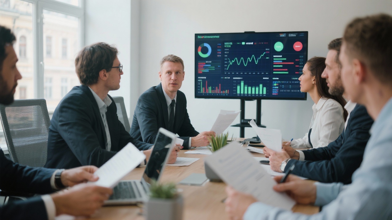 Modern business meeting in Budapest where market analysts discuss competitive insights with small enterprise leaders using digital dashboards and printed briefs.