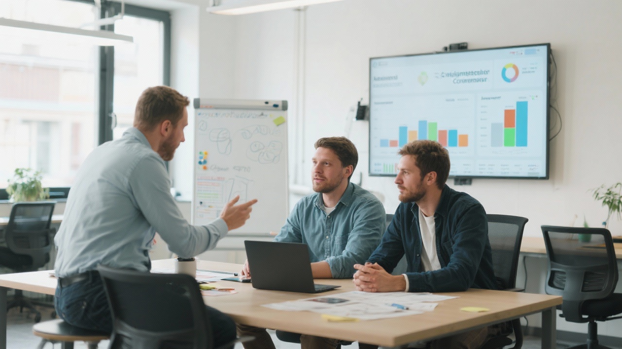 Two small business founders reviewing segmented competitor dashboards with a consultant while discussing actionable insights in a bright Budapest workspace equipped with digital whiteboards and collaboration tools.