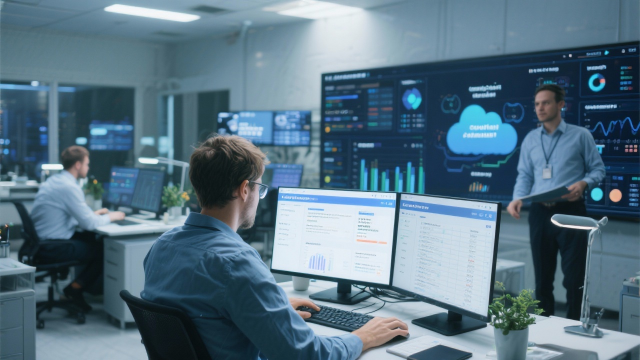 State-of-the-art data lab environment with analysts validating datasets through secure cloud infrastructure, showcasing dashboards, compliance notices, and quality assurance checklists.