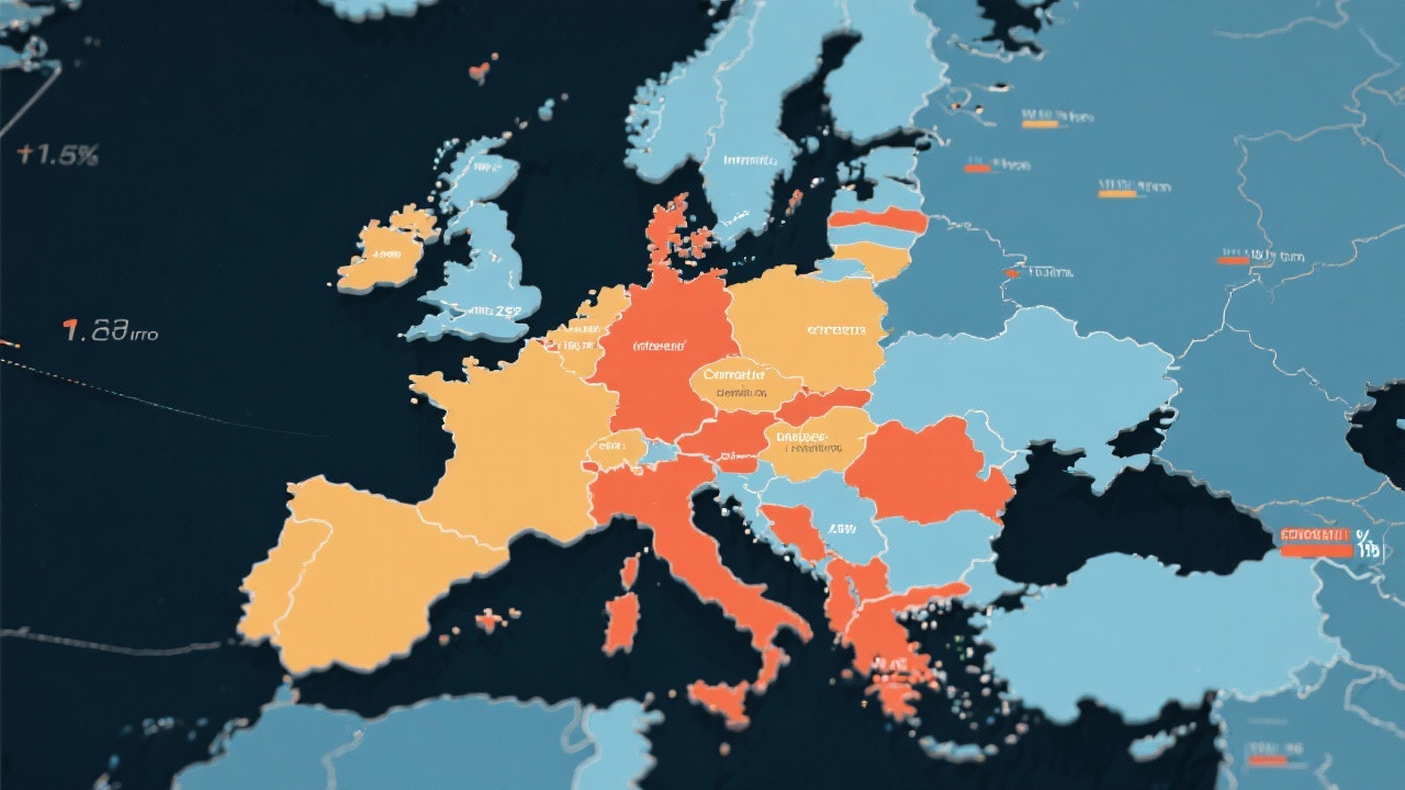 Detailed data visualization map of Europe highlighting competitive intensity scores across regions with annotated benchmarks and geographic market indicators suitable for strategic planning.