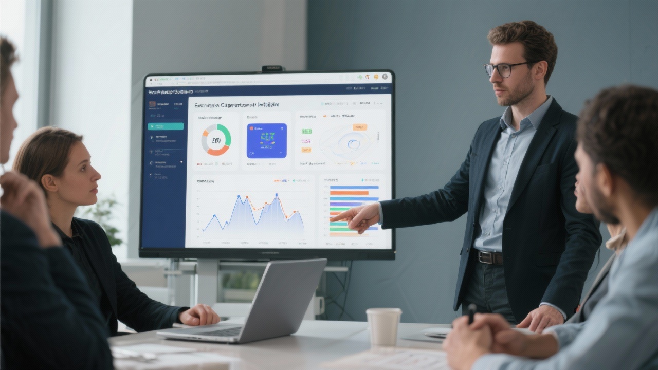 Close view of an analyst presenting structured European competitor intelligence dashboards on a laptop to small business decision-makers during a workshop.