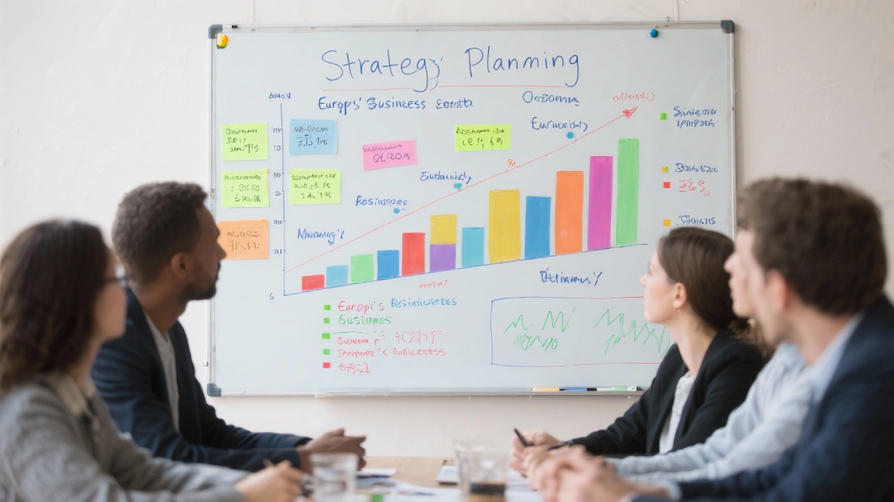 Strategic planning whiteboard showing multicolored charts for European small business segments with handwritten metrics and milestones during a collaborative workshop session.