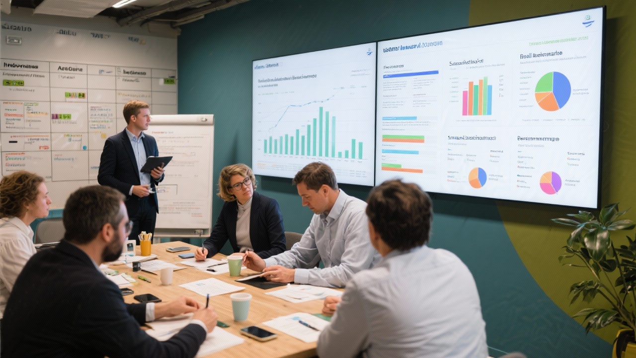 Facilitated workshop with small business leaders reviewing benchmark reports on large displays in a collaborative innovation space with structured agenda boards.